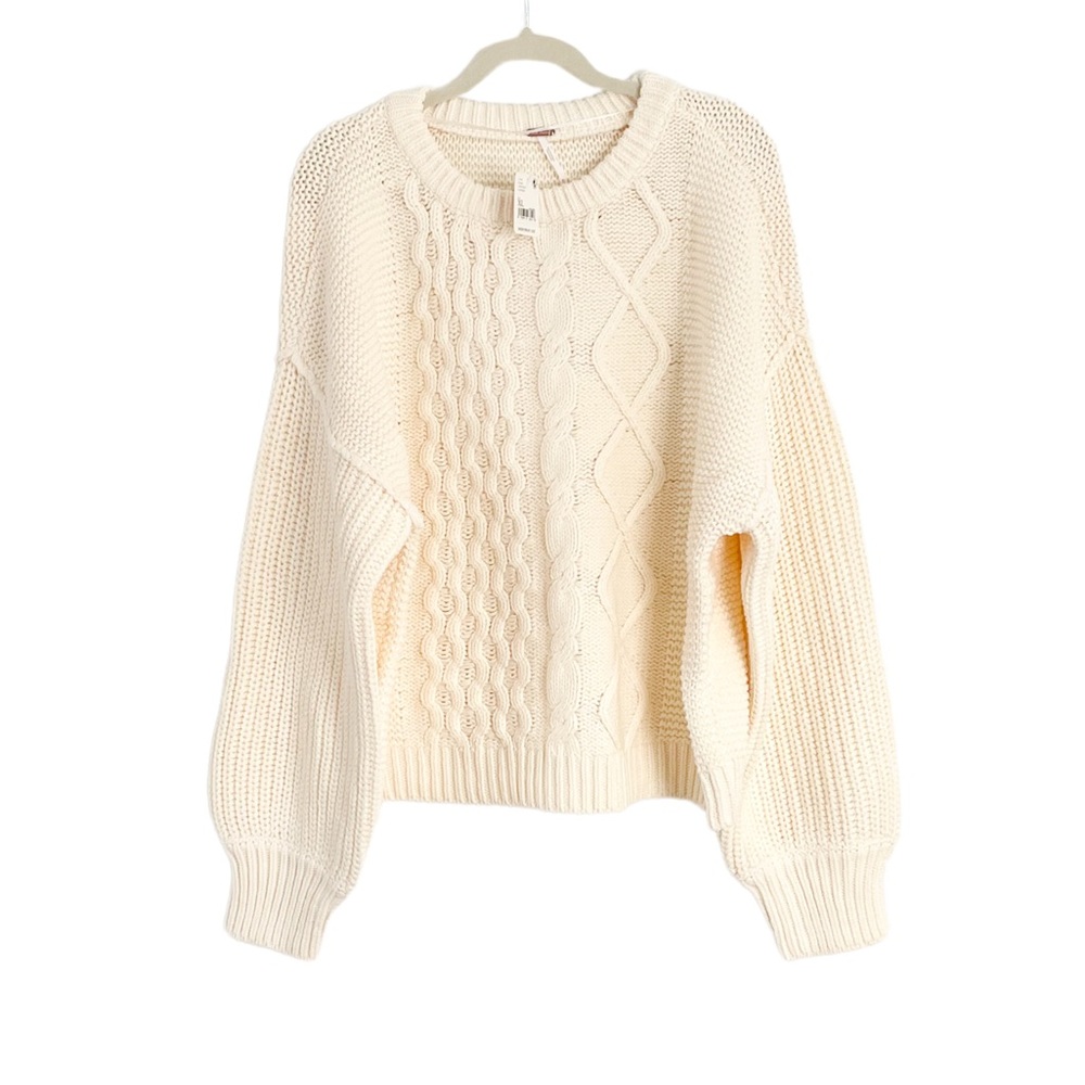 Free People Soft Cozy Chunky Knit Dream Cable Crewneck Sweater Cream Size XL - Picture 8 of 9